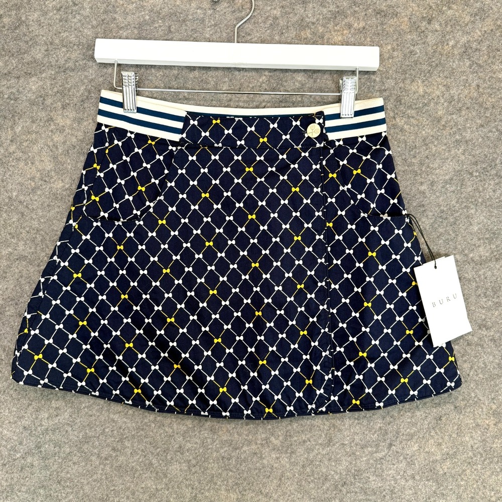 Buru Reversible Tennis Skirt Womens XS Navy Blue Bows Yellow Yurex Designer USA